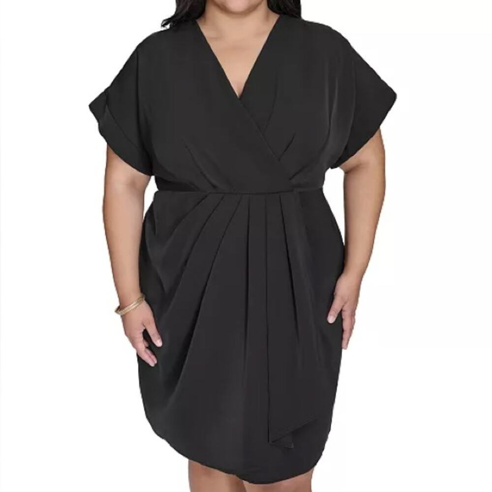 DKNY Plus Size Dolman-Sleeve Faux-Wrap Dress Black Women’s Sz 14W